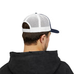 Starlight, Indiana — Classic Varsity Trucker Hat in Navy / White — supplier-generated embroidery preview; physical sample pending