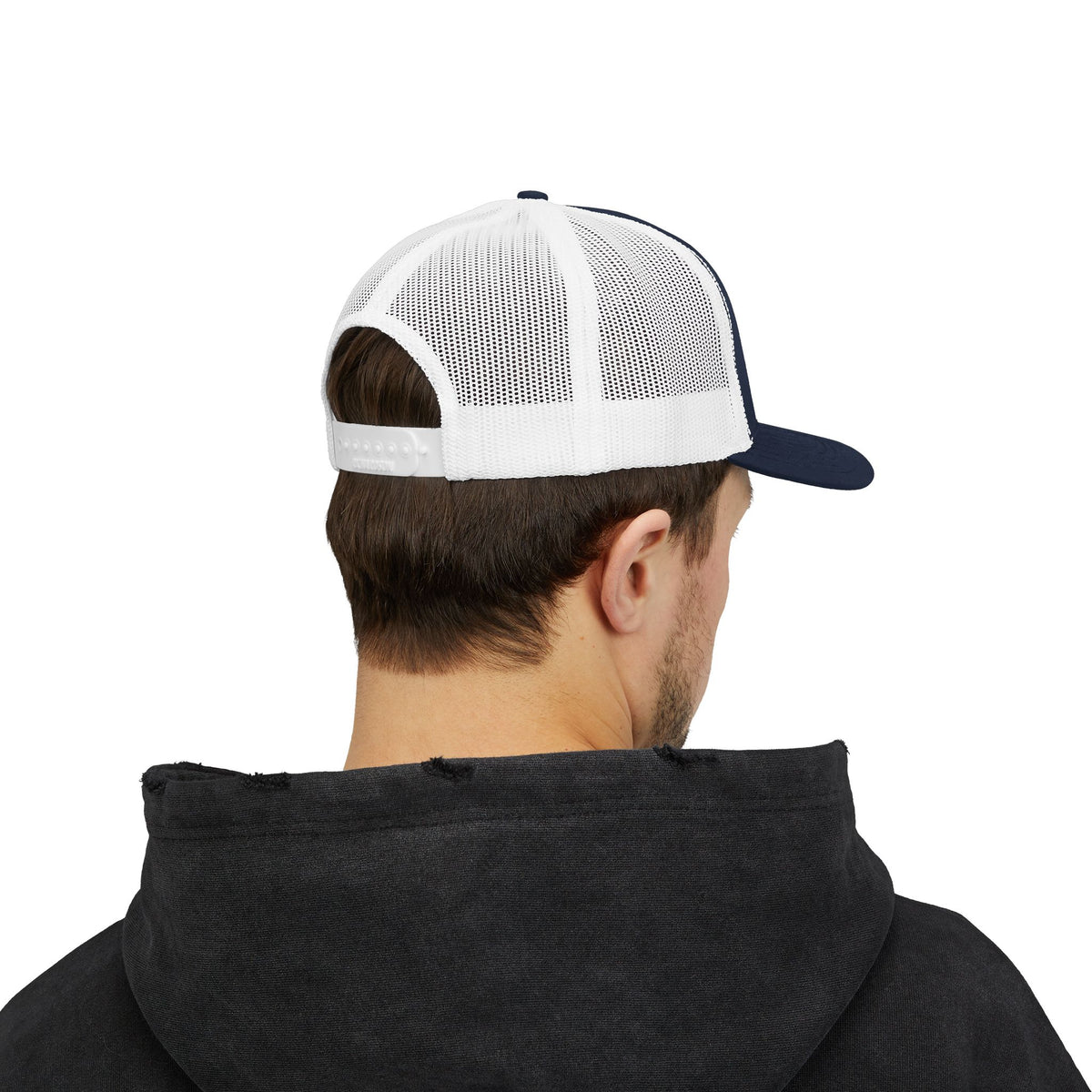 Starlight, Indiana — Classic Varsity Trucker Hat in Navy / White — supplier-generated embroidery preview; physical sample pending