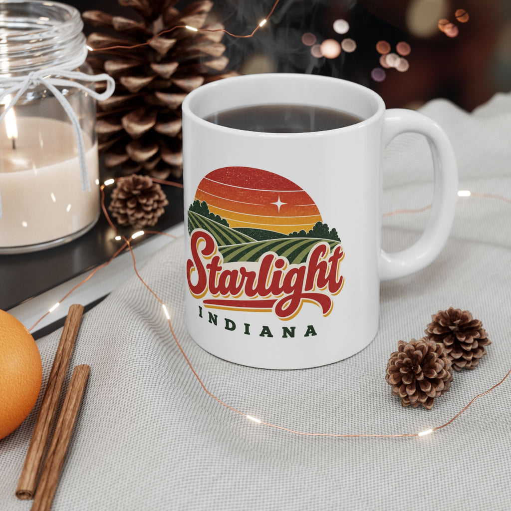 Starlight, Indiana — Retro Sunset Coffee Mug — product mockup