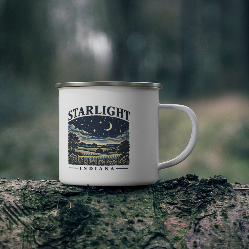 Supplier view of the silver-rimmed Starlight Nights enamel camp mug.