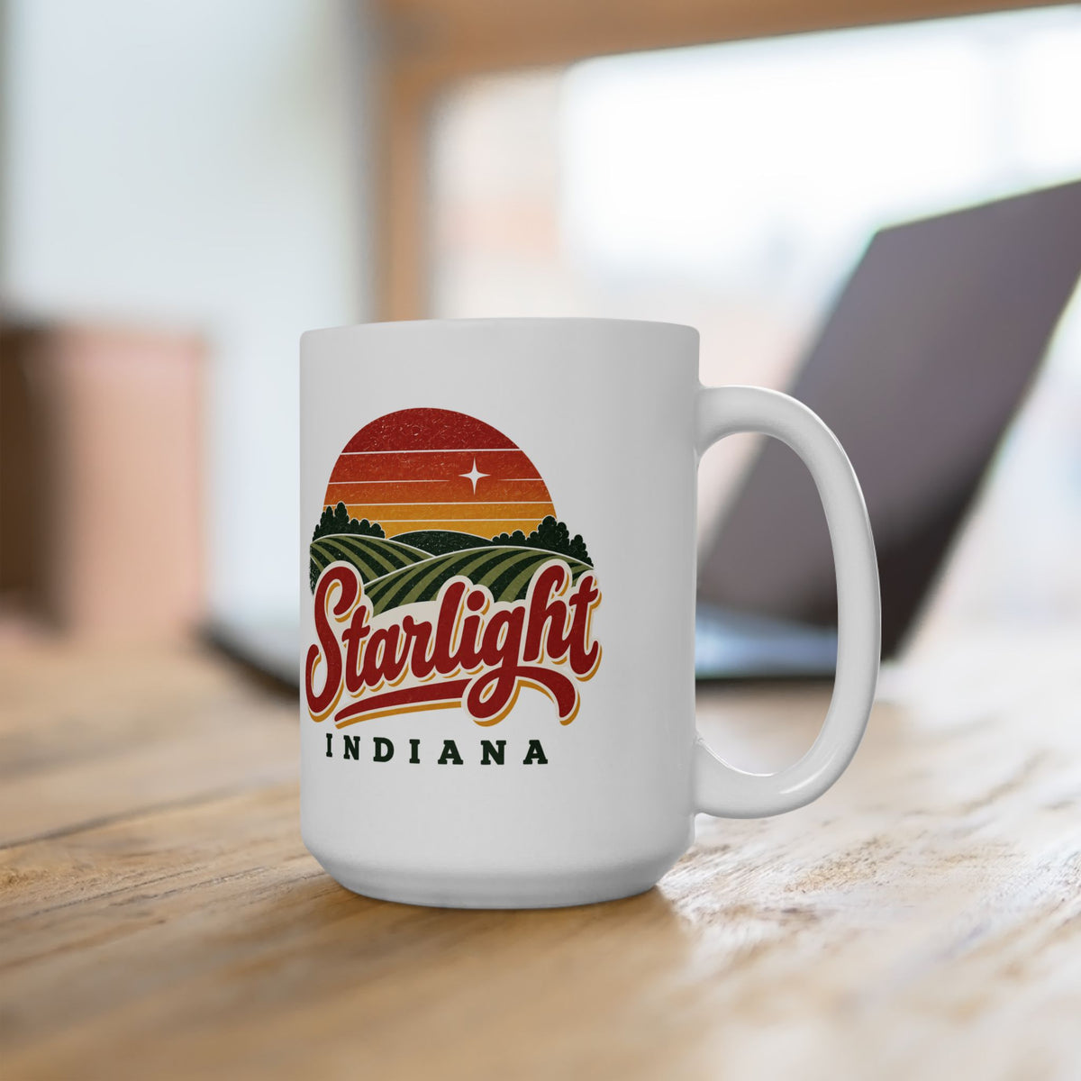 Starlight, Indiana — Retro Sunset Coffee Mug — product mockup