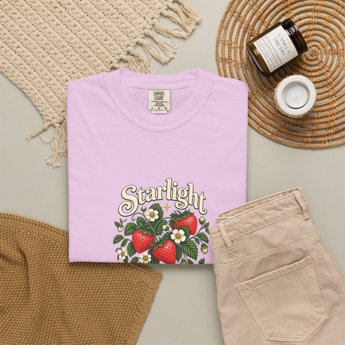 Styled supplier preview of the Strawberry Days tee in Orchid.