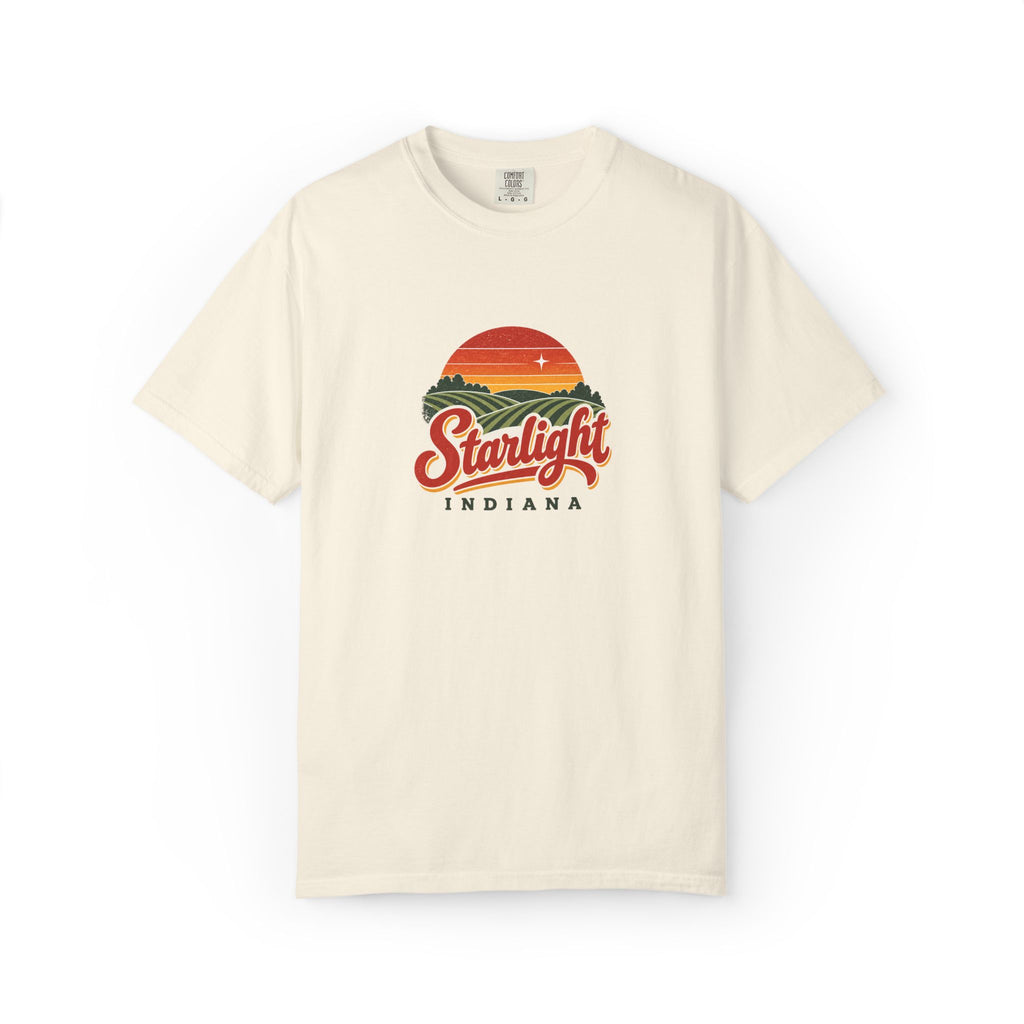Starlight, Indiana — Retro Sunset Tee on Ivory — supplier-generated preview; physical sample pending