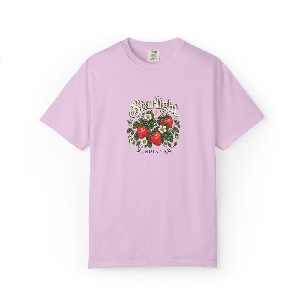 Front supplier preview of the Strawberry Days graphic on an Orchid Comfort Colors tee.