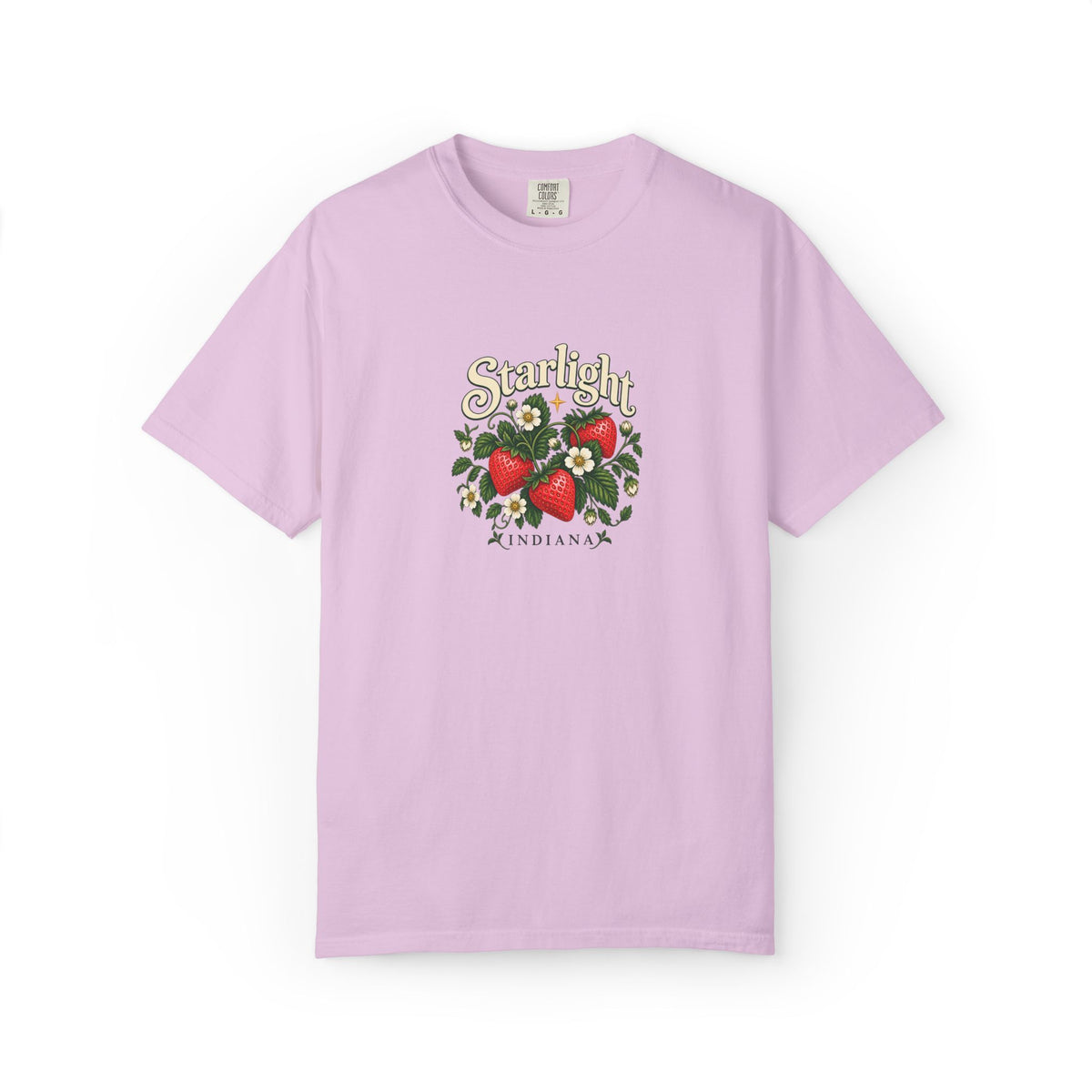 Front supplier preview of the Strawberry Days graphic on an Orchid Comfort Colors tee.