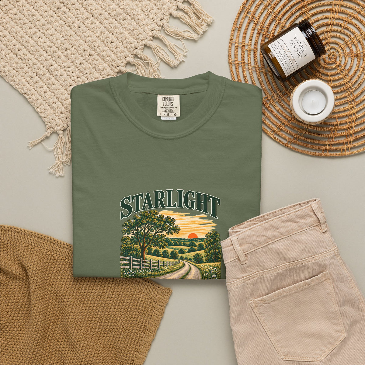 Starlight, Indiana — Country Roads Tee on Sage — supplier-generated preview; physical sample pending