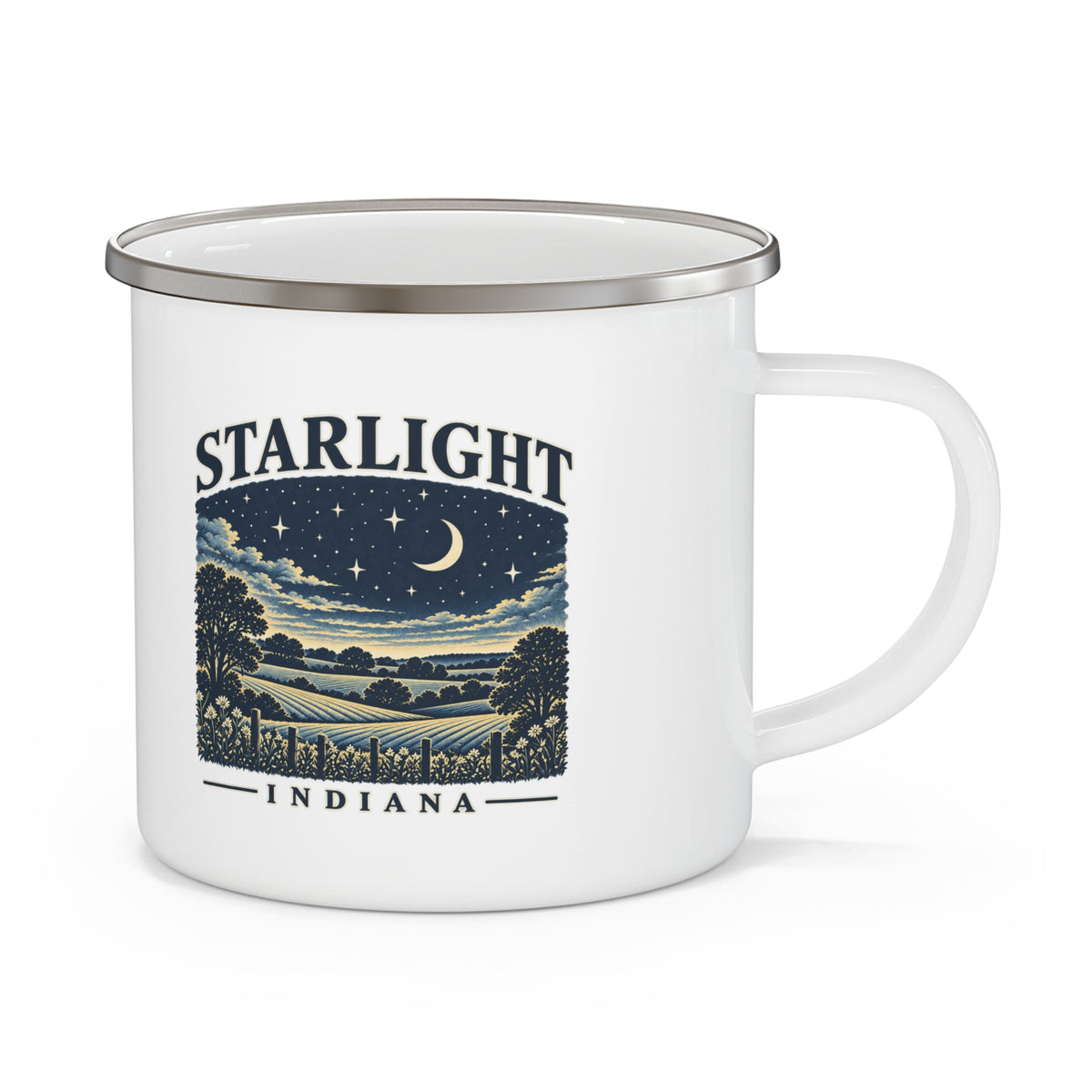 Alternate supplier view of the Starlight Nights white enamel camp mug.