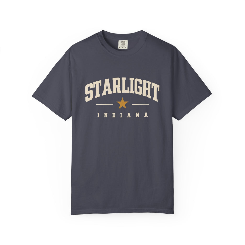Starlight, Indiana — Classic Varsity Tee on Navy — supplier-generated preview; physical sample pending