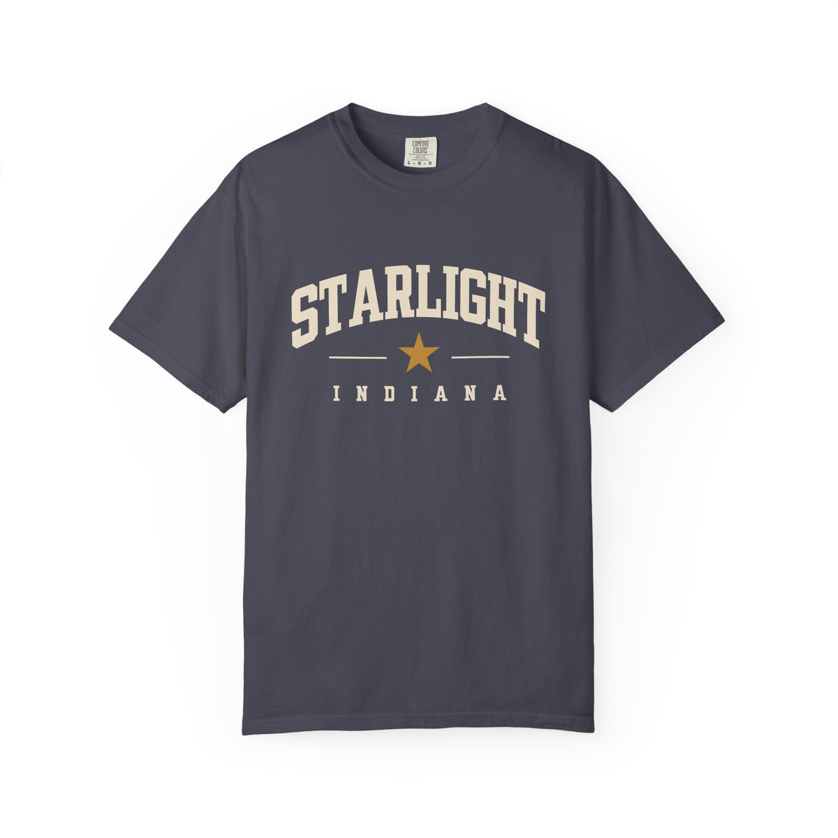 Starlight, Indiana — Classic Varsity Tee on Navy — supplier-generated preview; physical sample pending