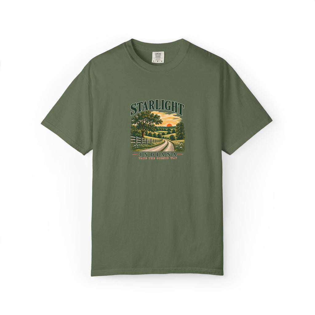 Starlight, Indiana — Country Roads Tee on Sage — supplier-generated preview; physical sample pending