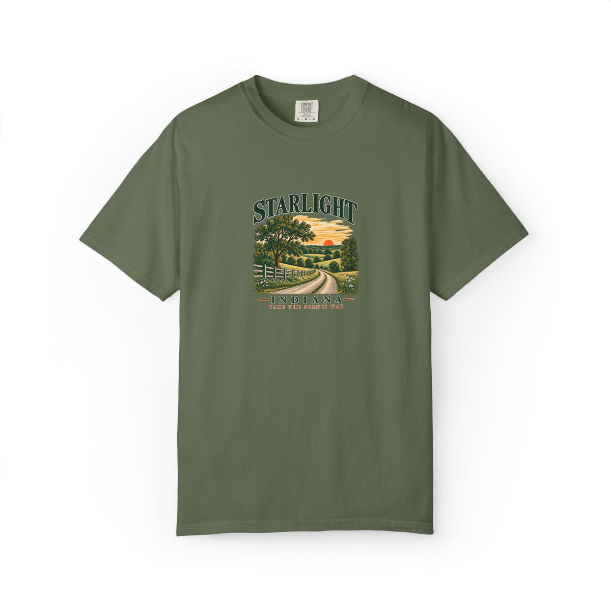 Starlight, Indiana — Country Roads Tee on Sage — supplier-generated preview; physical sample pending