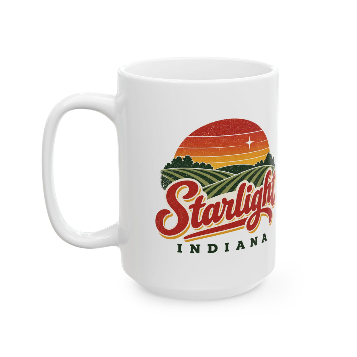 Starlight, Indiana — Retro Sunset Coffee Mug — product mockup