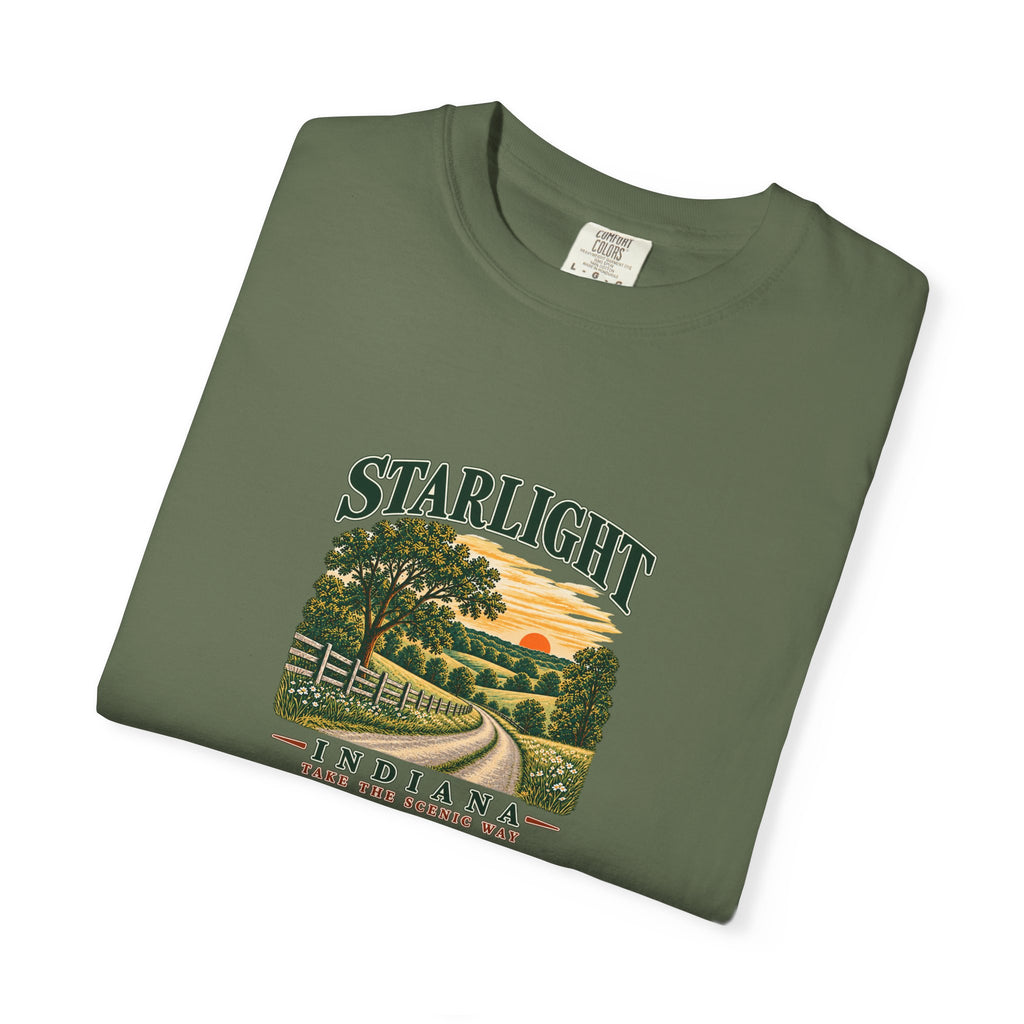 Starlight, Indiana — Country Roads Tee on Sage — supplier-generated preview; physical sample pending