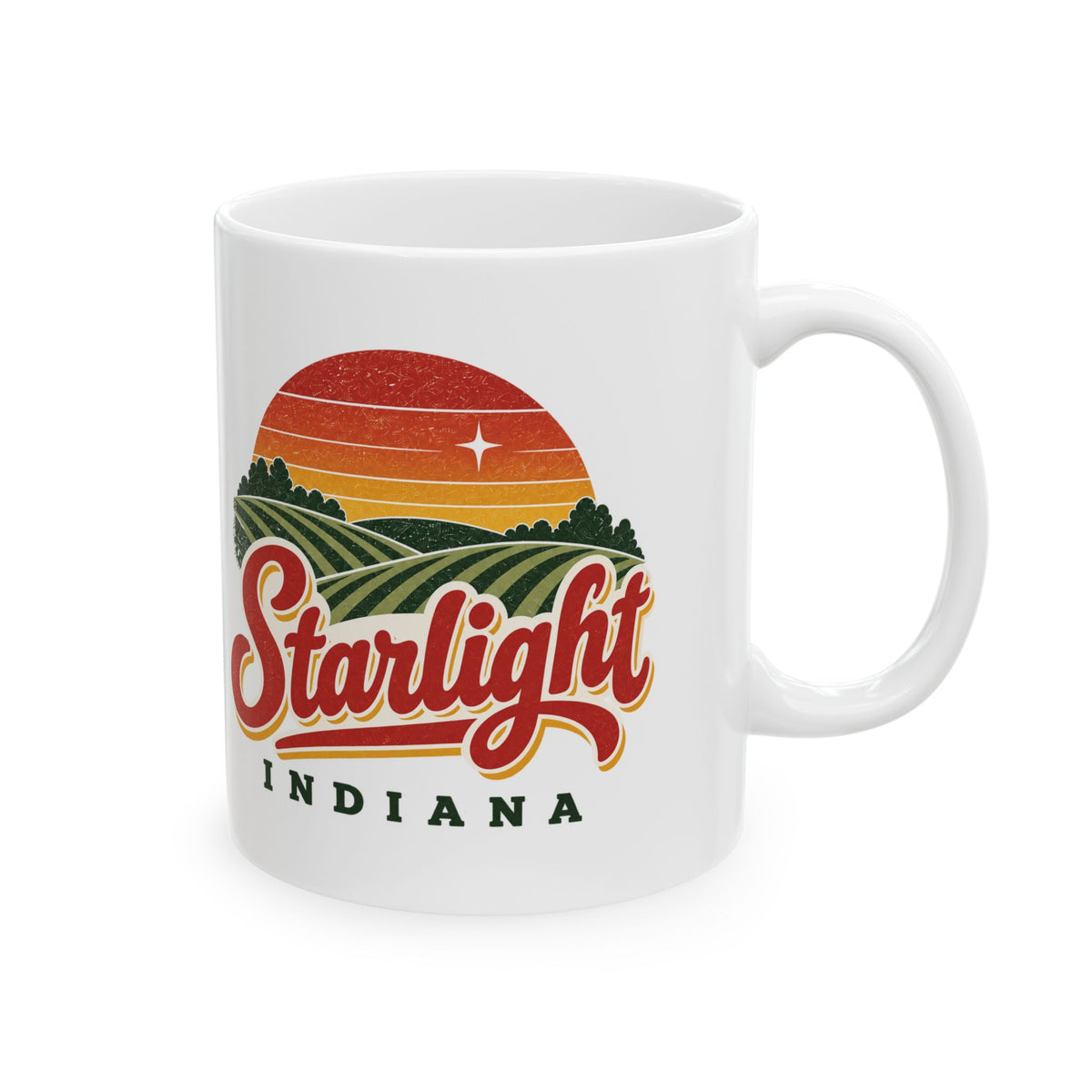 Starlight, Indiana — Retro Sunset Coffee Mug — product mockup