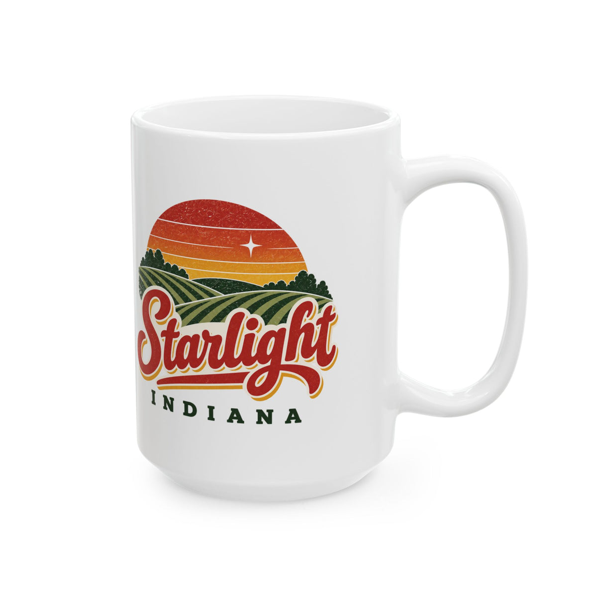 Starlight, Indiana — Retro Sunset Coffee Mug — product mockup