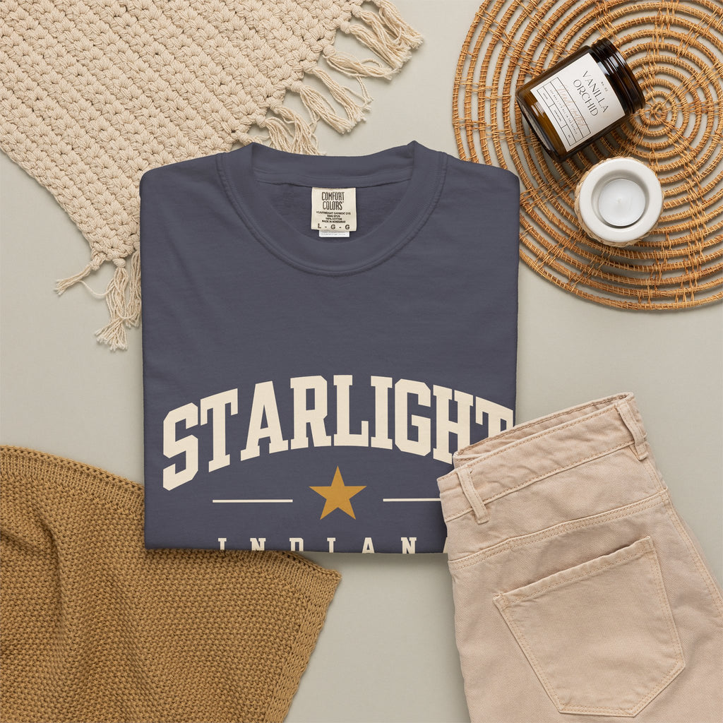 Starlight, Indiana — Classic Varsity Tee on Navy — supplier-generated preview; physical sample pending