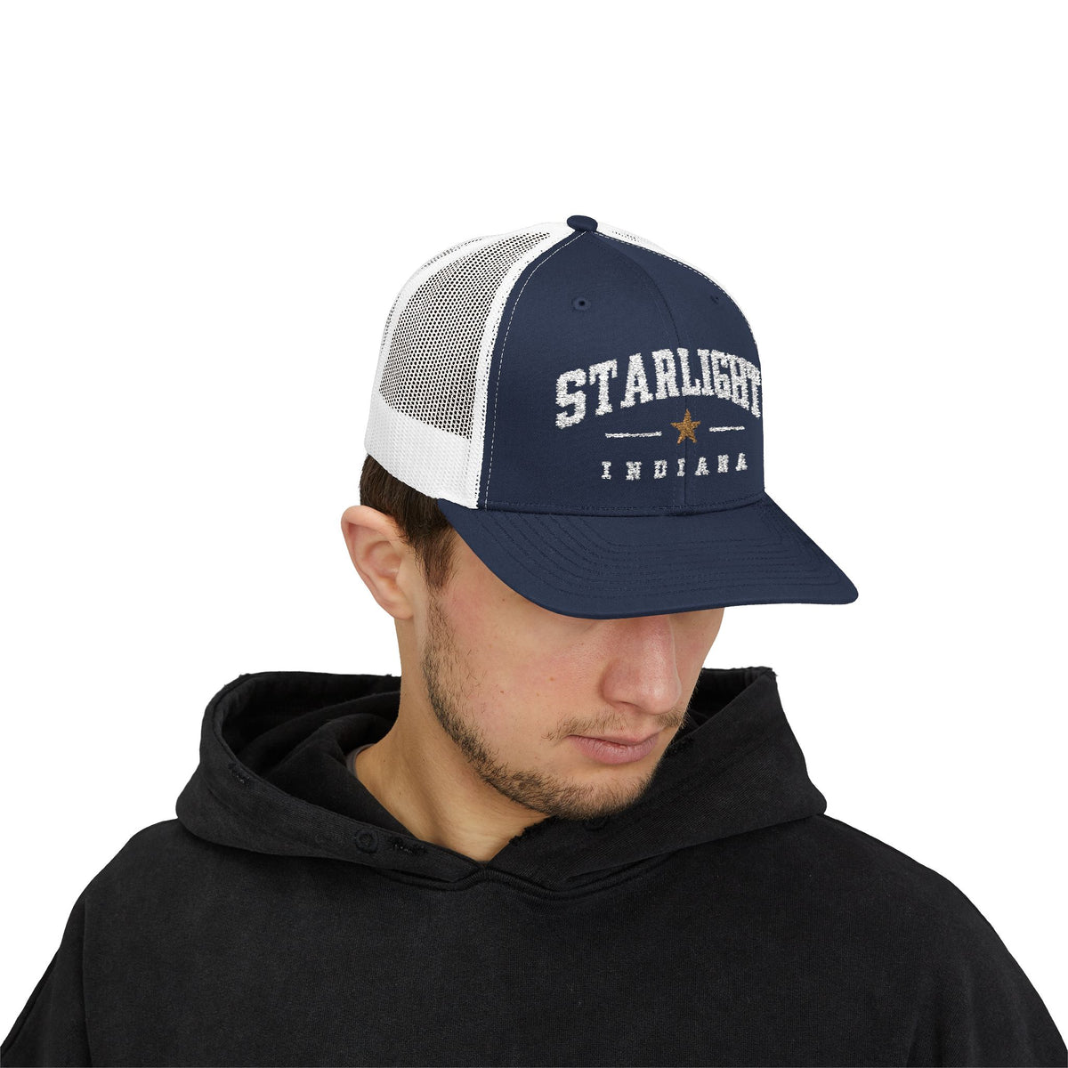 Starlight, Indiana — Classic Varsity Trucker Hat in Navy / White — supplier-generated embroidery preview; physical sample pending