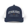 Starlight, Indiana — Classic Varsity Trucker Hat in Navy / White — supplier-generated embroidery preview; physical sample pending