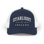 Starlight, Indiana — Classic Varsity Trucker Hat in Navy / White — supplier-generated embroidery preview; physical sample pending
