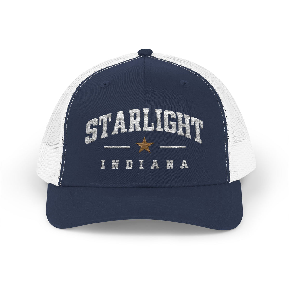 Starlight, Indiana — Classic Varsity Trucker Hat in Navy / White — supplier-generated embroidery preview; physical sample pending