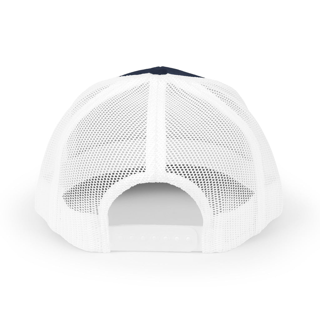 Starlight, Indiana — Classic Varsity Trucker Hat in Navy / White — supplier-generated embroidery preview; physical sample pending