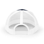 Starlight, Indiana — Classic Varsity Trucker Hat in Navy / White — supplier-generated embroidery preview; physical sample pending