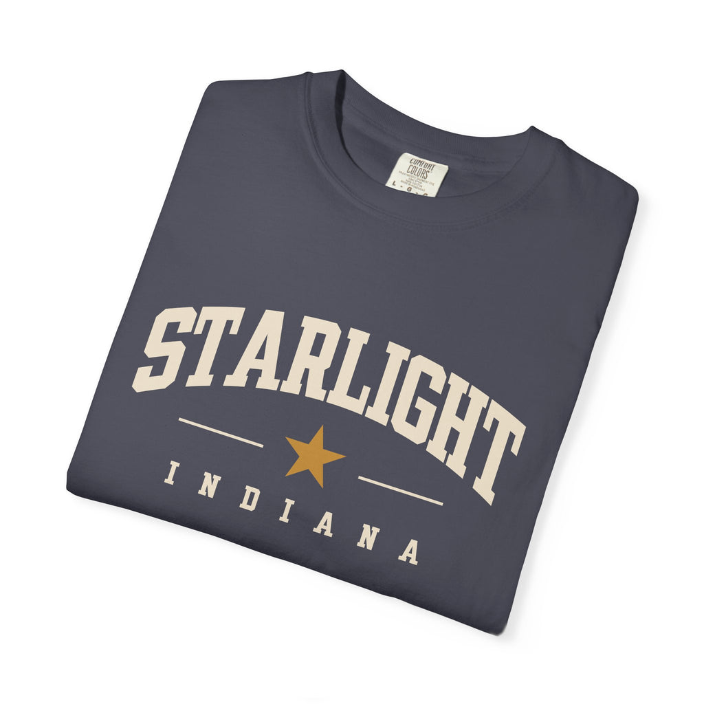 Starlight, Indiana — Classic Varsity Tee on Navy — supplier-generated preview; physical sample pending
