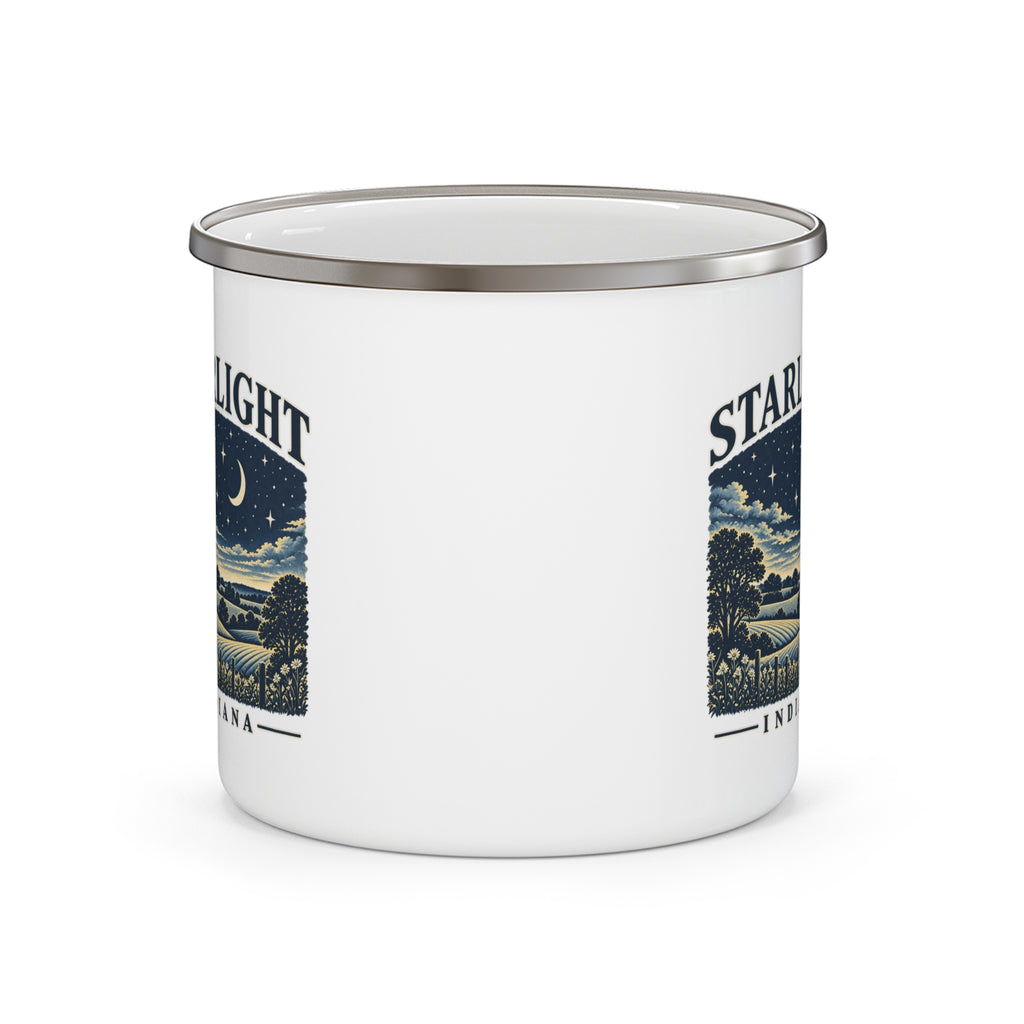 Supplier preview of the 12 oz Starlight Nights enamel camp mug with moonlit field artwork.