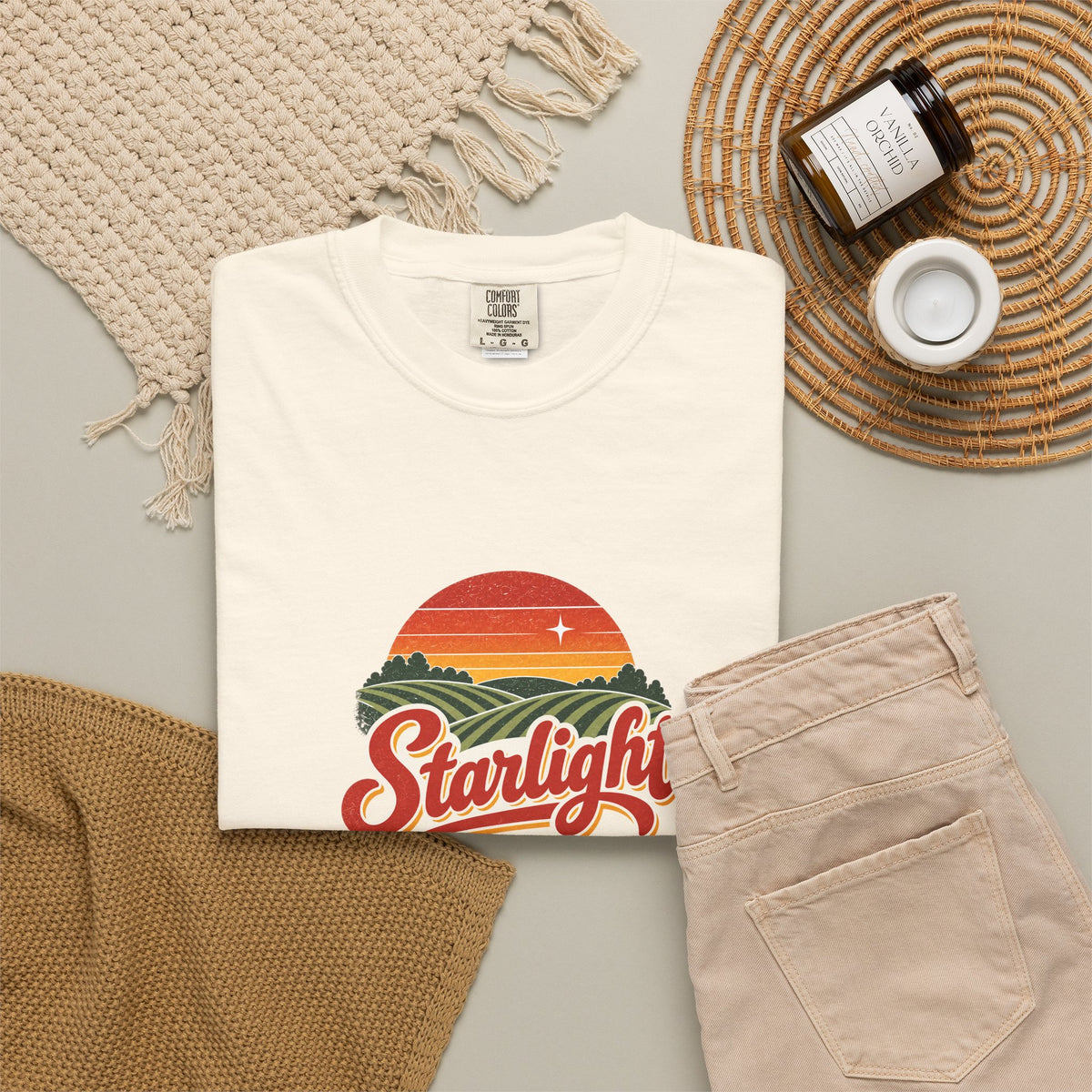 Starlight, Indiana — Retro Sunset Tee on Ivory — supplier-generated preview; physical sample pending